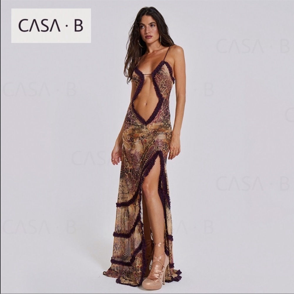NEW to CASA B💫Seraphina Sheer Cut-Out Frill Leopard Script Print Maxi dress